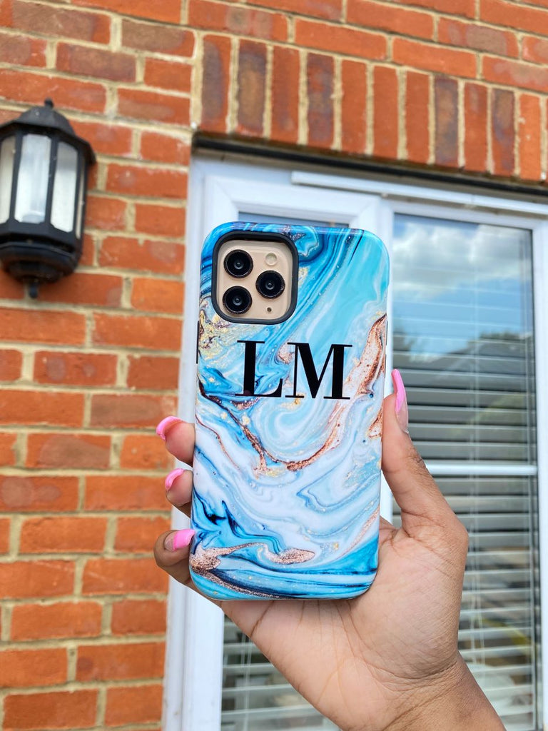 Personalised Blue Emerald Marble Initials Samsung Galaxy S25 Case