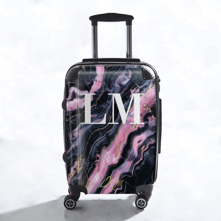 Personalised Black and Pink Marble Initials Suitcase