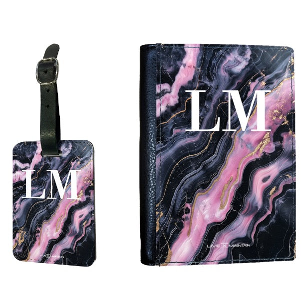 Personalised Black and Pink Marble Initials Passport Cover