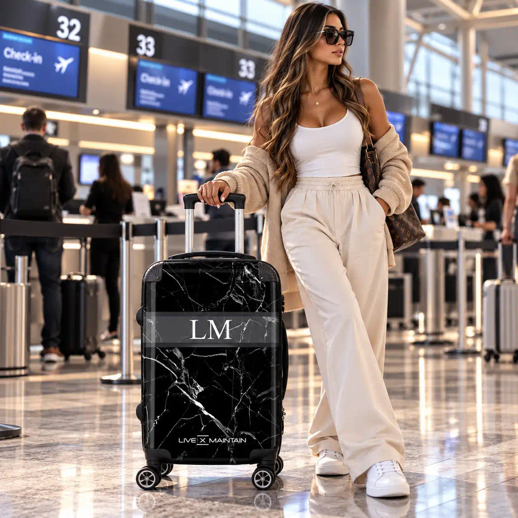 A woman in a white tank top and beige pants stands in an airport terminal next to a black marble-patterned rolling suitcase with a monogram 'LM' and 'LIVE x MAINTAIN' printed near the bottom.