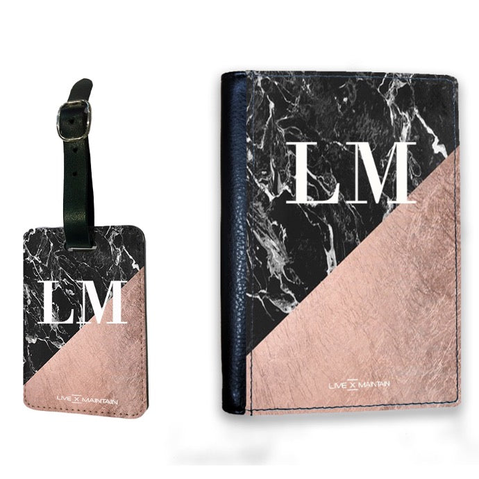 Personalised Back Rose Gold Marble Initials Luggage Tag