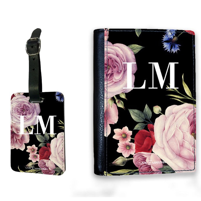 Personalised Black Floral Blossom Initials Luggage Tag