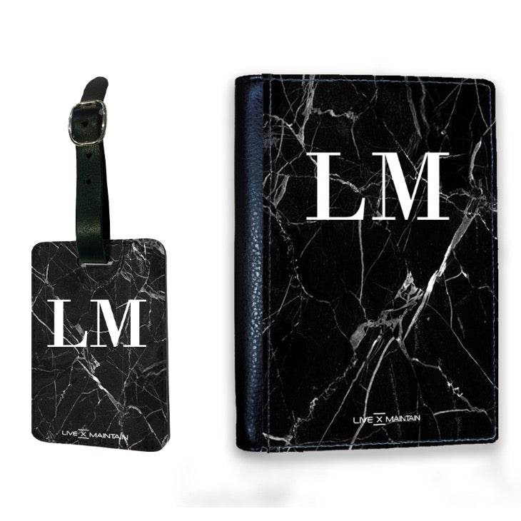 Personalised Black Marble Initials Luggage Tag