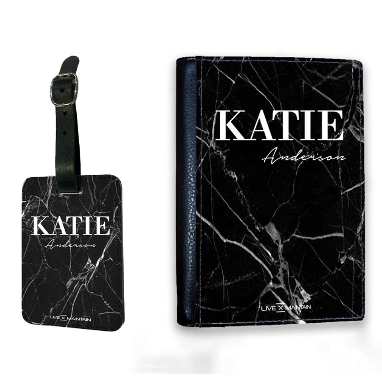 Personalised Black Marble Name Passport Cover