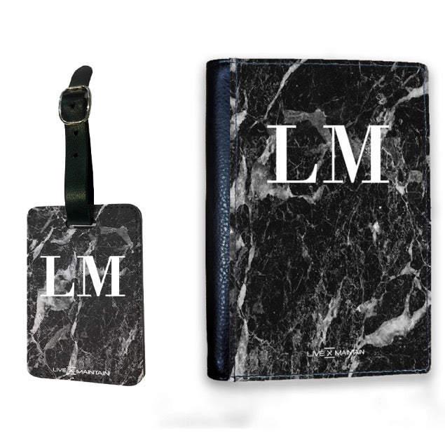 Personalised Black Stone Marble Initials Luggage Tag