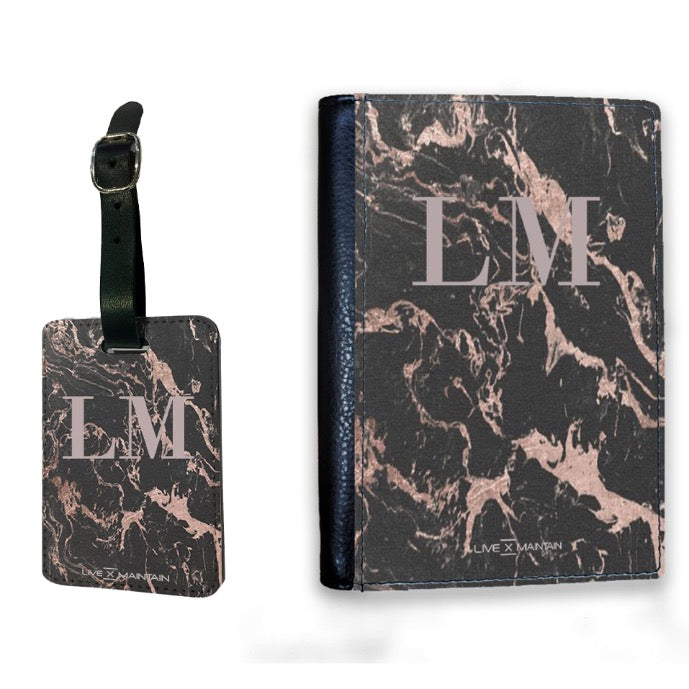 Personalised Black x Pink Marble Initials Luggage Tag