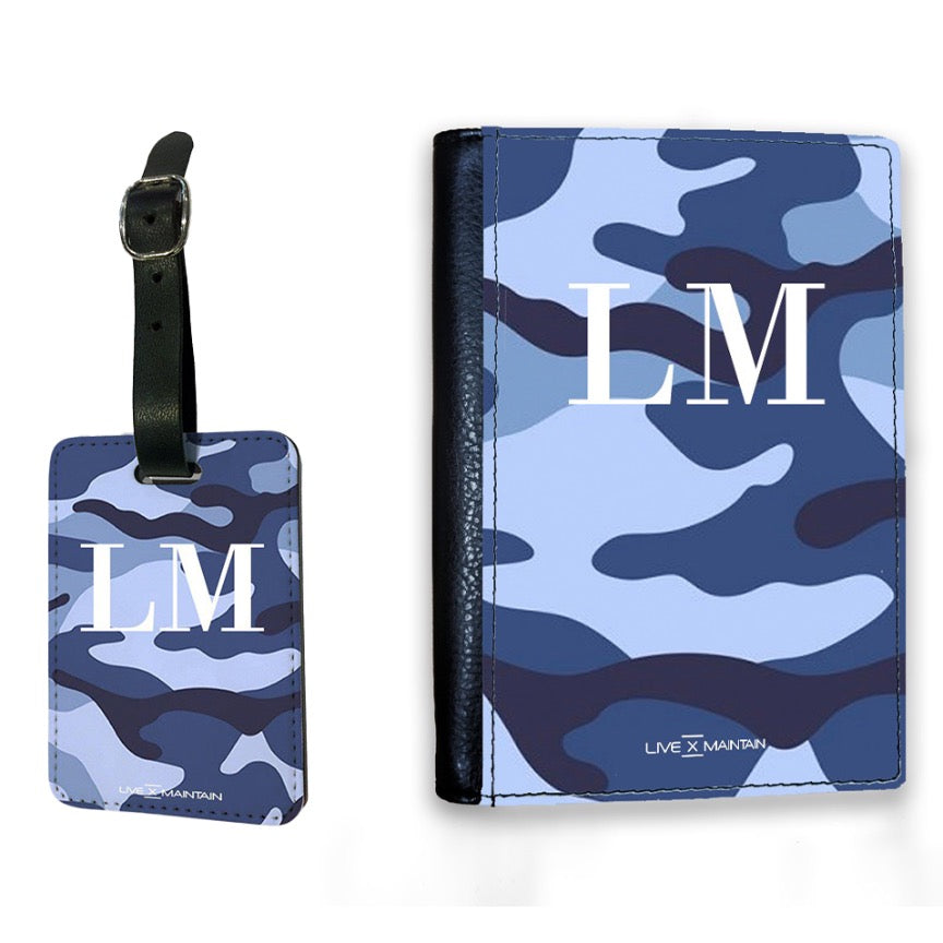 Personalised Cobalt Blue Camouflage Initials Luggage Tag