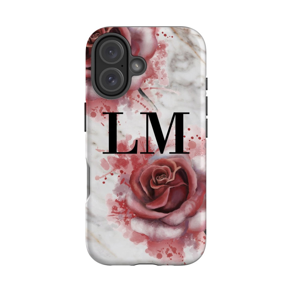 Personalised Floral Rose x White Marble Initials iPhone 16 Case
