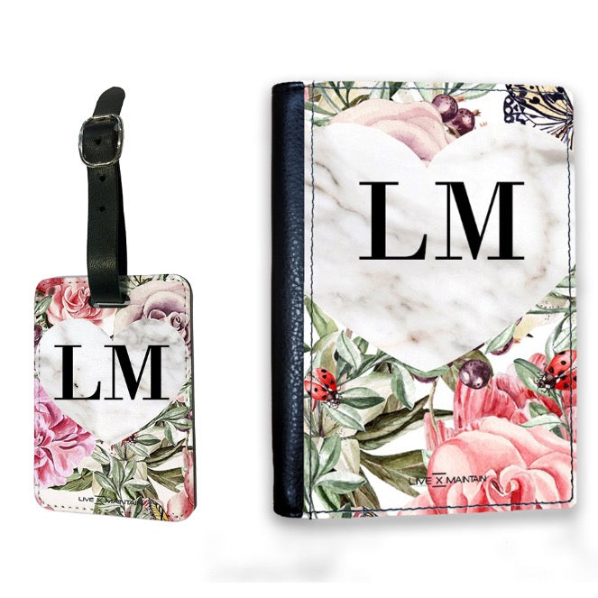 Personalised Floral Marble Heart Initials Passport Cover