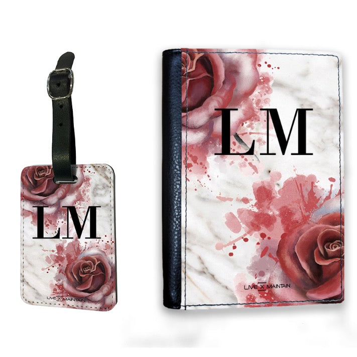 Personalised Floral Rose x White Marble Initials Luggage Tag