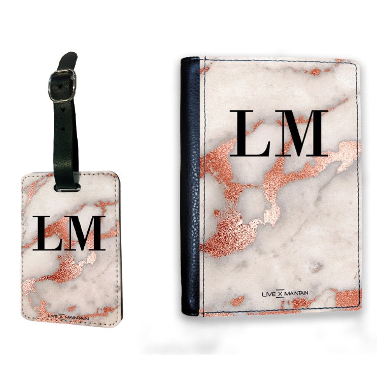Personalised Grey x Rose Gold Marble Initials Luggage Tag