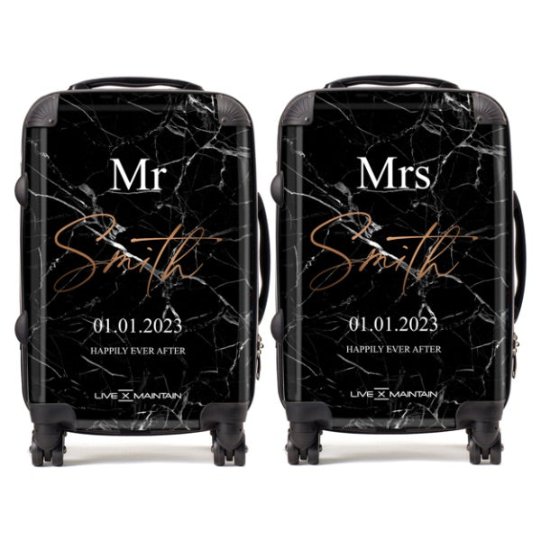 Personalised Mr & Mrs Wedding Black Marble Suitcases