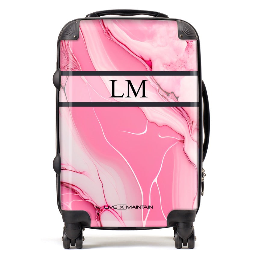 Personalised Pink Ice Marble Stripe Initials Suitcase