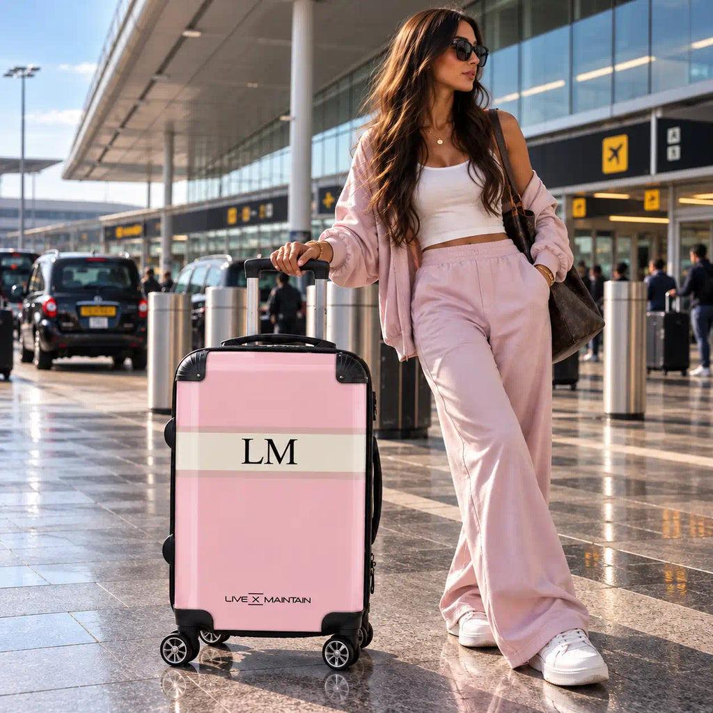 A woman in a pink lounge set stands in an airport terminal holding the handle of a pink rolling suitcase with black trim and a cream band printed with the initials 'LM'. The suitcase has 'LIVE X MAINTAIN' printed near the bottom.