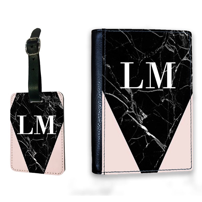 Personalised Pink x Black Marble Contrast Initials Passport Cover