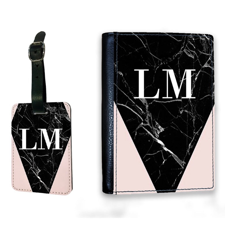 Personalised Pink x Black Marble Contrast Initials Luggage Tag