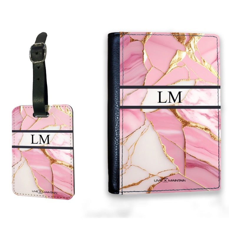 Personalised Pink x Gold Marble Stripe Initials Passport Cover