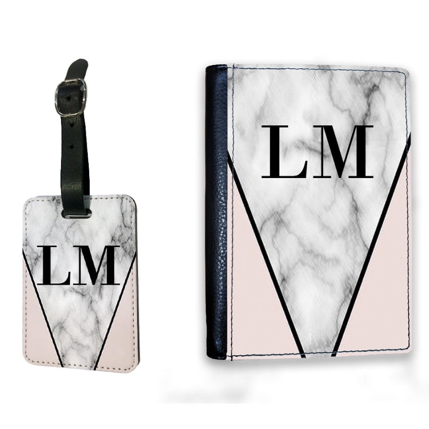 Personalised Pink x Grey Marble Initials Luggage Tag