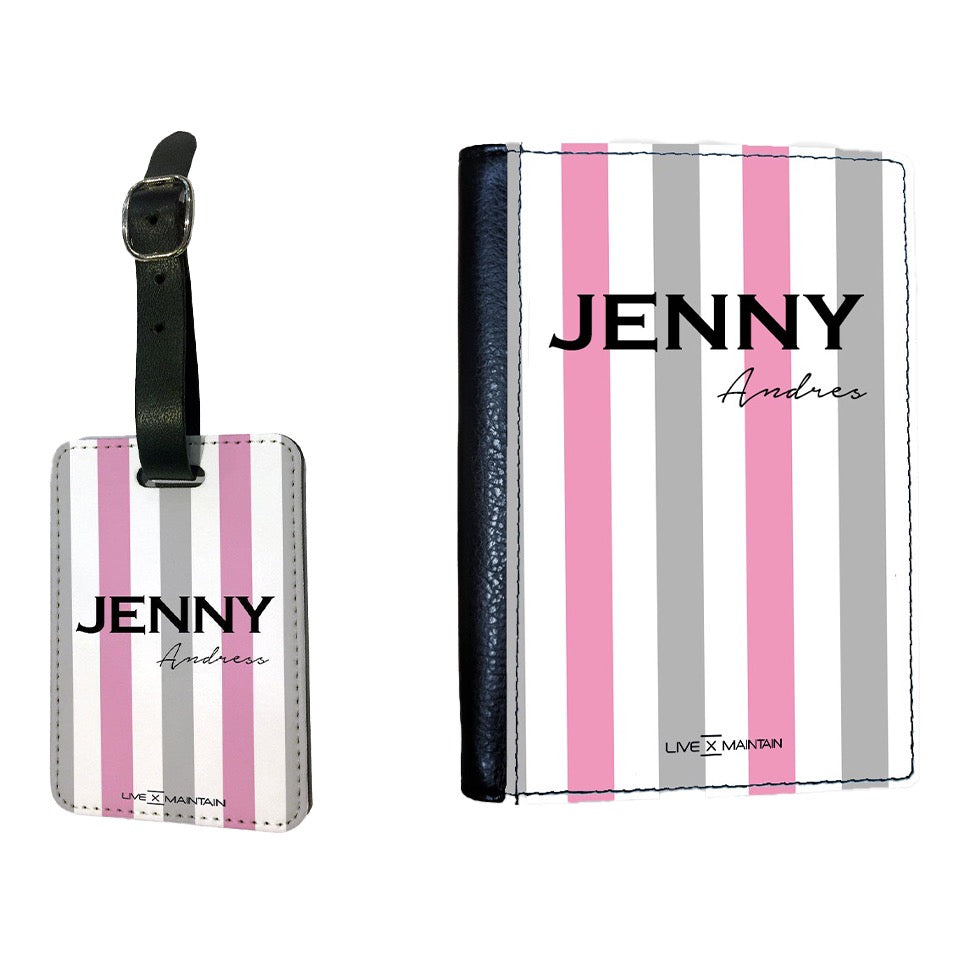 Personalised Pink x Grey Stripe Name Passport Cover