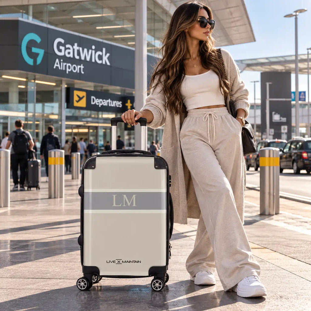 A woman stands at Gatwick Airport pulling a hard-shell suitcase. The suitcase is a light beige/cream color with a gray horizontal stripe across the middle featuring the monogram 'LM' in white, and the brand name 'LIVE x MAINTAIN' printed near the bottom.