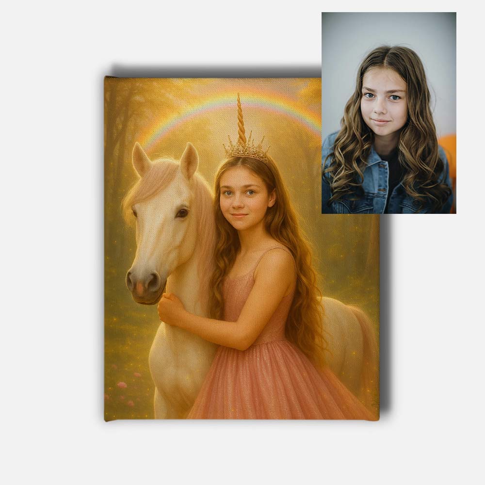 Personalised Unicorn Crown Princess Portrait Mounted Canvas Print