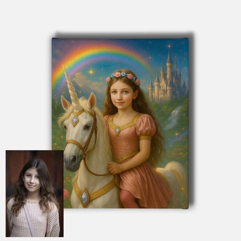 Personalised Unicorn Princess Portrait Mounted Canvas Print