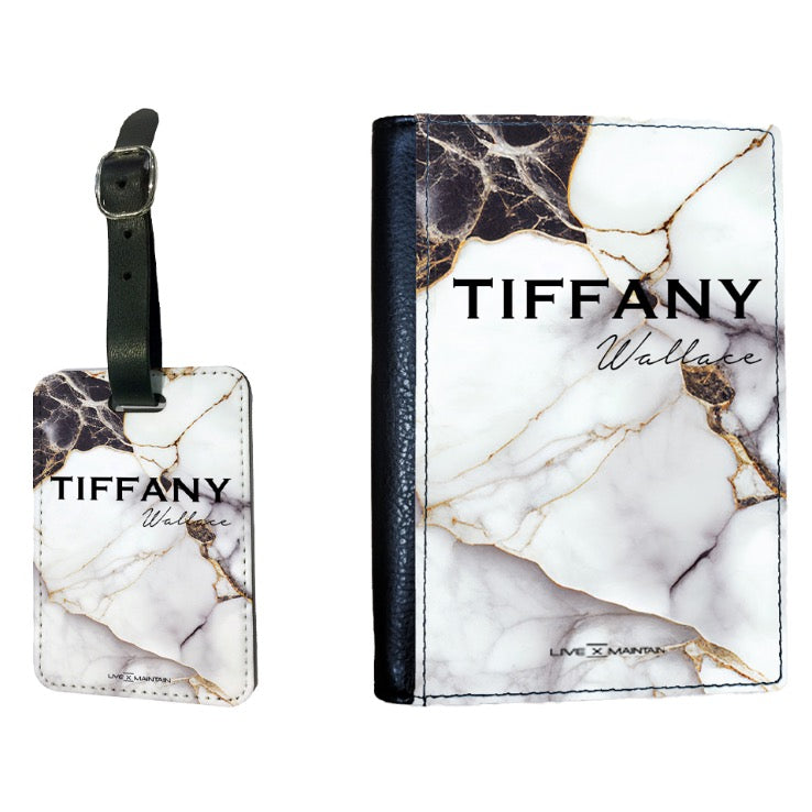 Personalised White and Black Marble Name Passport Cover