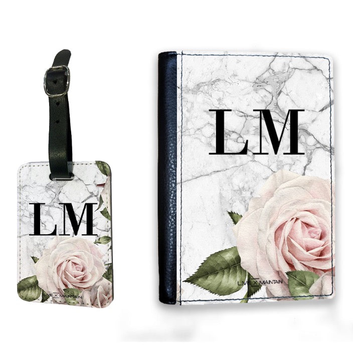 Personalised White Floral Marble Initials Luggage Tag