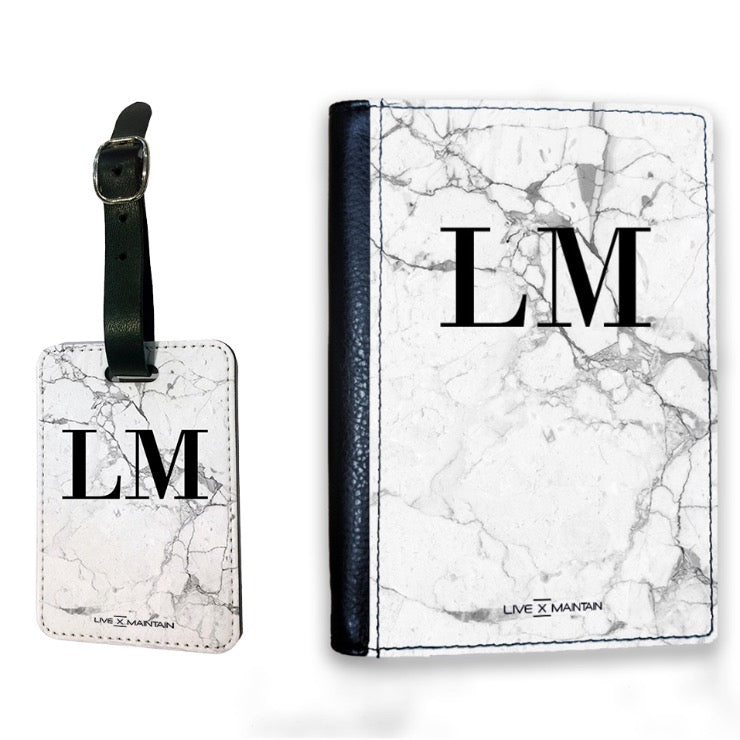Personalised White Marble x Black Initials Luggage Tag
