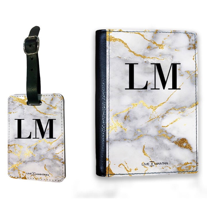 Personalised White x Gold Streak Marble Initials Luggage Tag