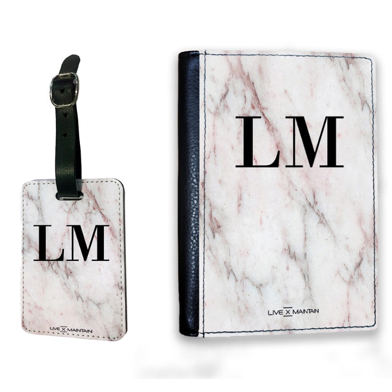 Personalised White x Rosa Marble Initials Passport Cover