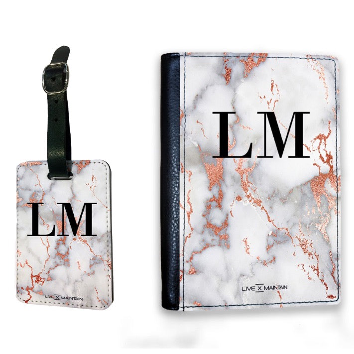 Personalised White x Rose Gold Marble Initials Passport Cover