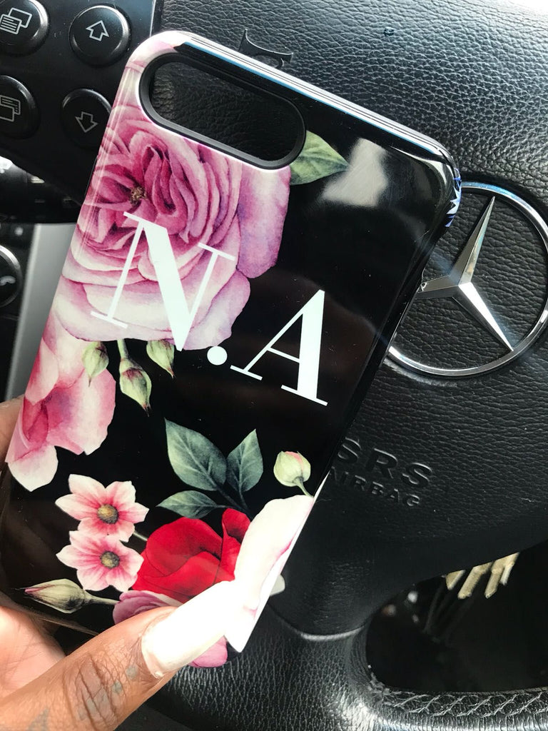 Personalised Black Floral Blossom Initials iPhone X Case