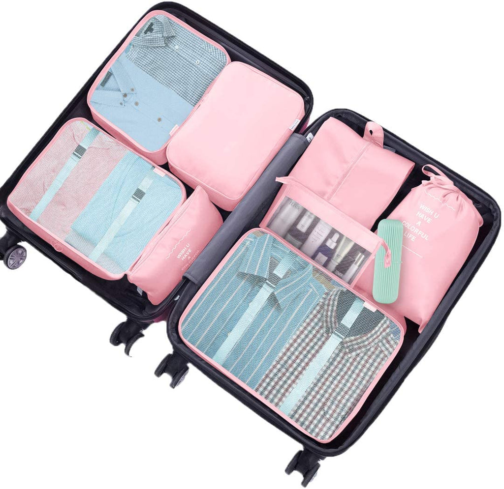 8pcs/set Travel Storage Bags, Lightweight Solid Color Luggage Organizer,  Including Clothes Bag, Underwear Bag, Shoe Bag, Flat Pocket, Cosmetic Bag