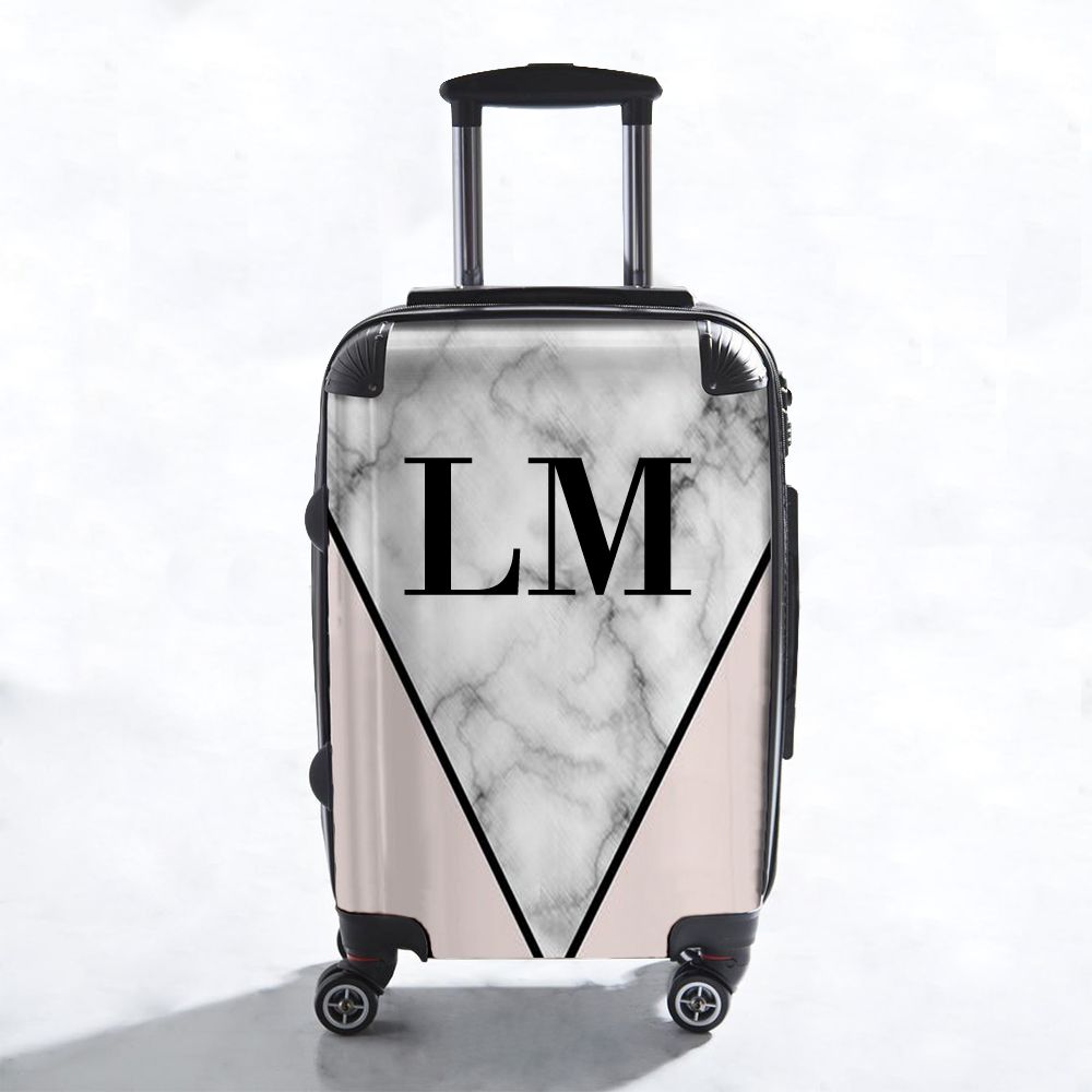 Personalised Pink x Grey Marble Contrast Initials Suitcase