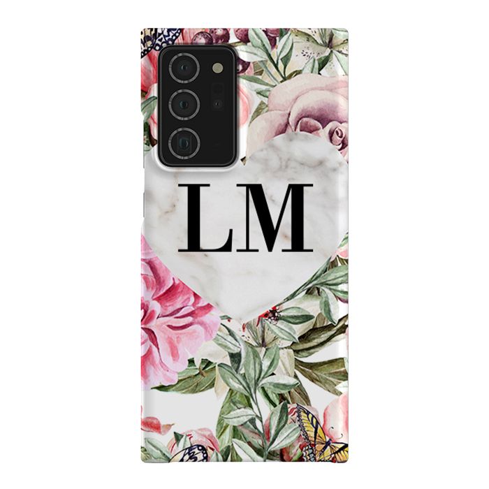 Personalised Floral Marble Heart Initials Samsung Galaxy Note 20 Ultra Case