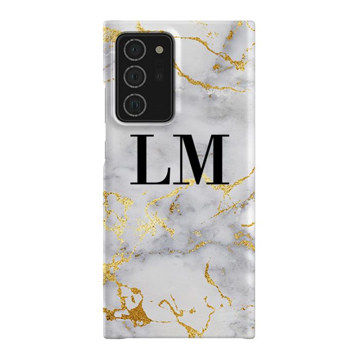 Personalised White x Gold Streaks Marble Initials Samsung Galaxy Note 20 Ultra Case