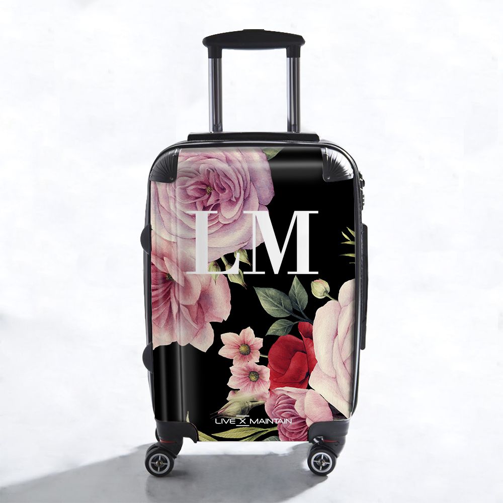 Personalised Black Floral Blossom Initials Suitcase