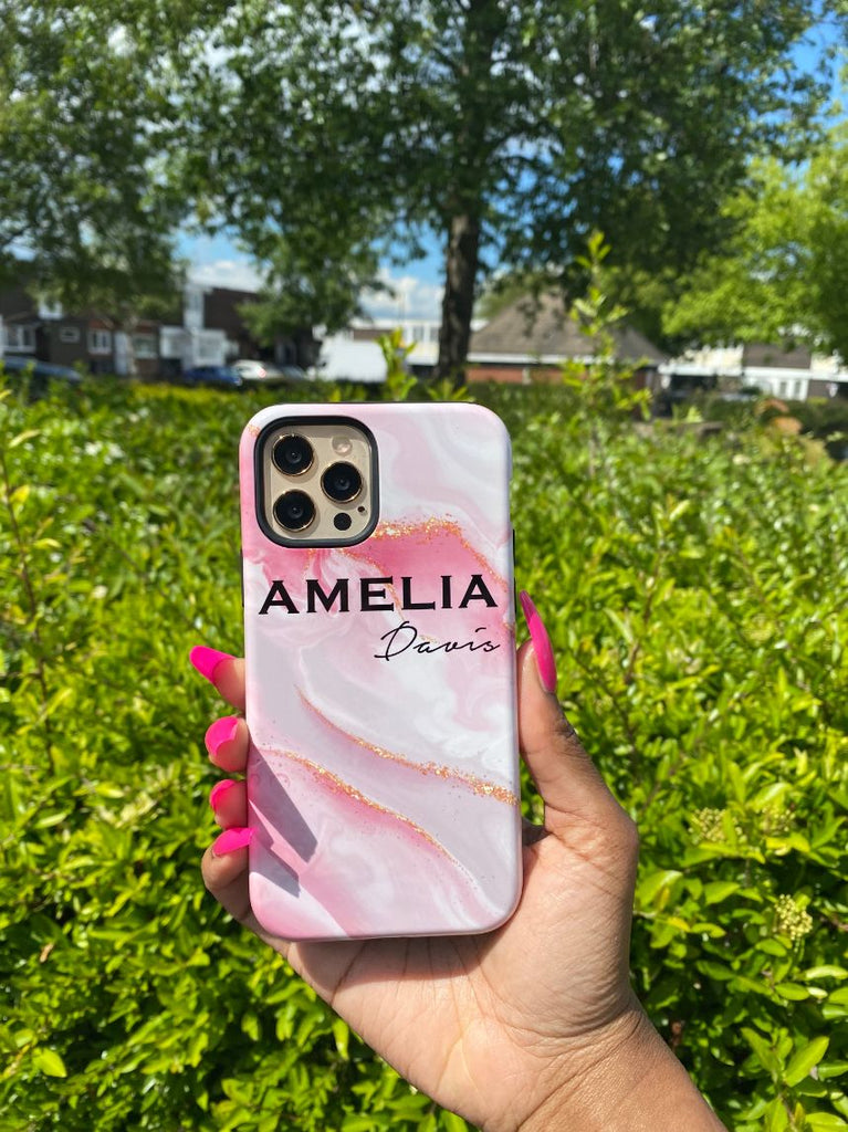 Personalised Luxe Pink Marble Name iPhone 13 Mini Case