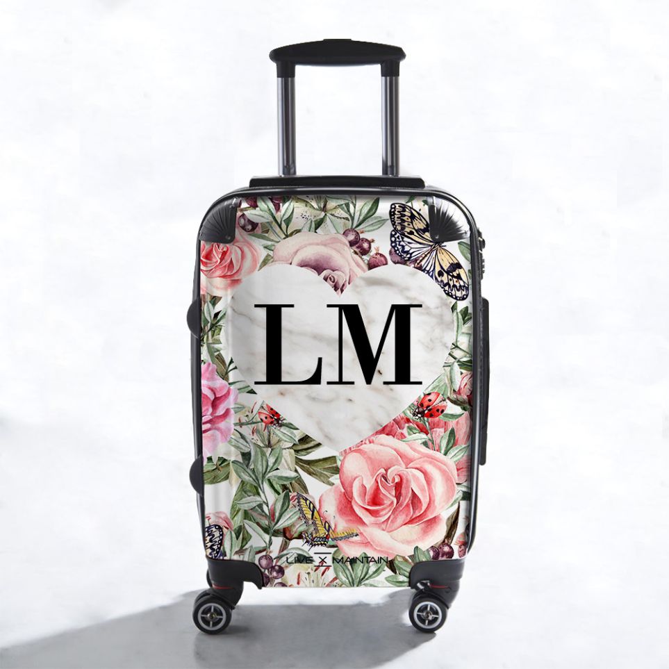 Personalised Floral Marble Heart Initials Suitcase