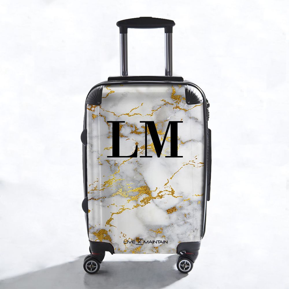 Personalised White x Gold Streaks Marble Initials Suitcase