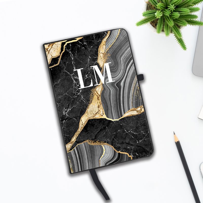 Personalised Black and Gold Marble Initials Notebook