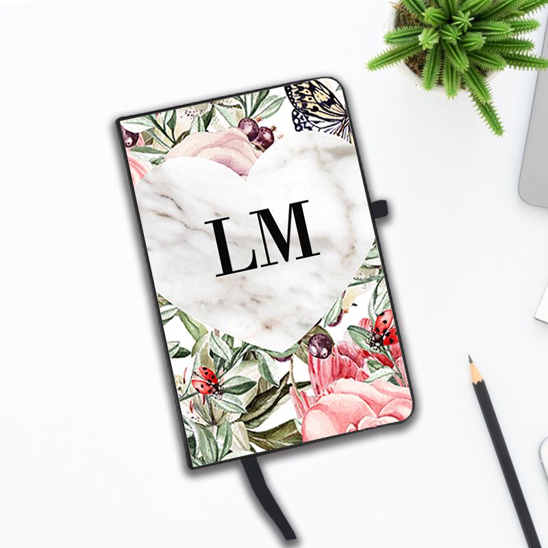 Personalised Floral Marble Heart Initials Notebook