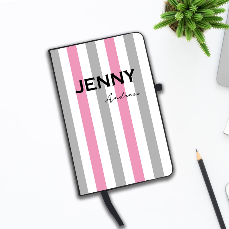 Personalised Pink x Grey Stripe Name Notebook