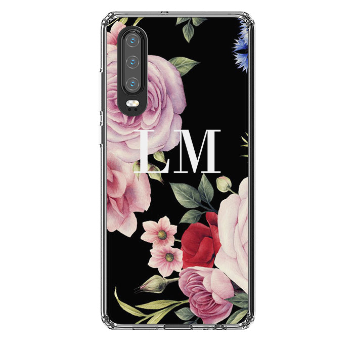 Personalised Black Floral Blossom Initials Huawei P30 Case