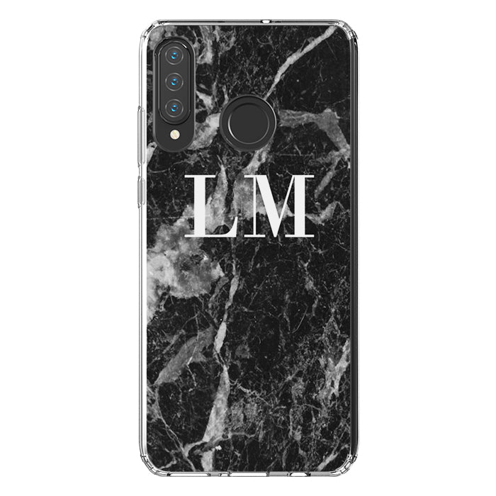 Personalised Black Stone Marble Initials Huawei P30 Lite Case