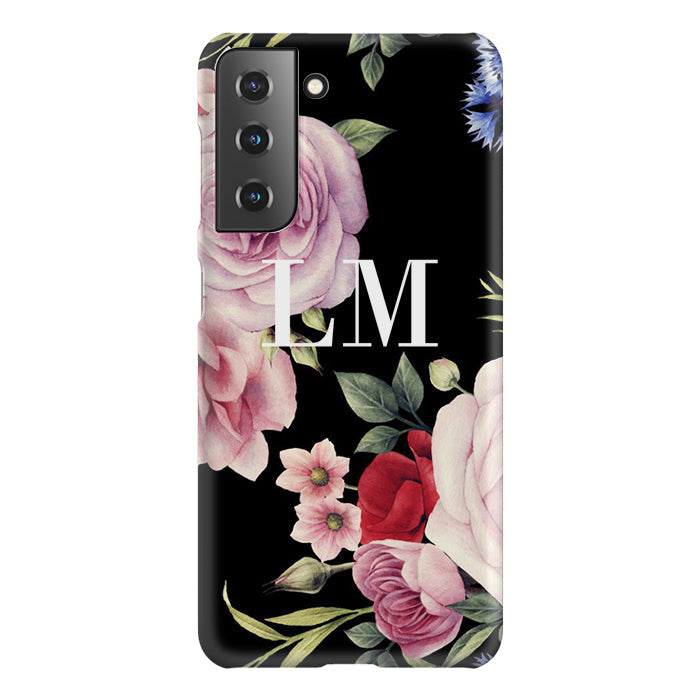 Personalised Black Floral Blossom Initials Samsung Galaxy S21 FE Case