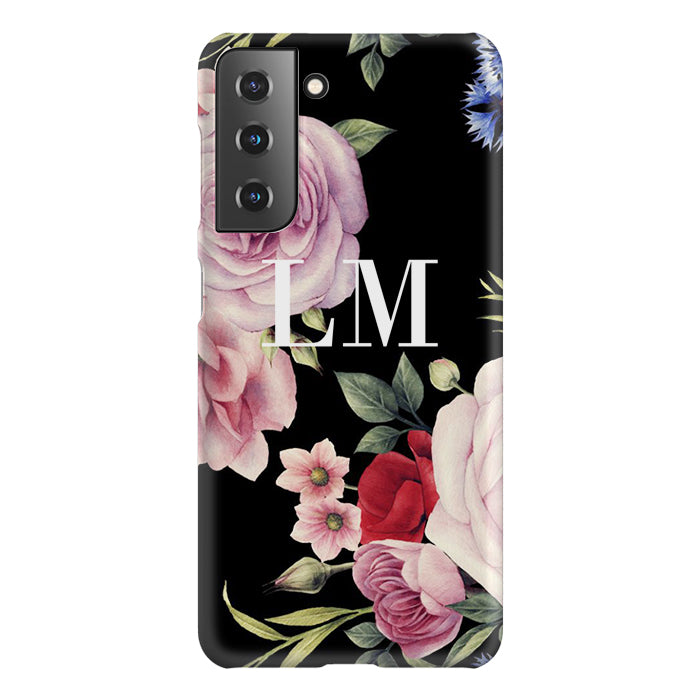 Personalised Black Floral Blossom Initials Samsung Galaxy S21 Case