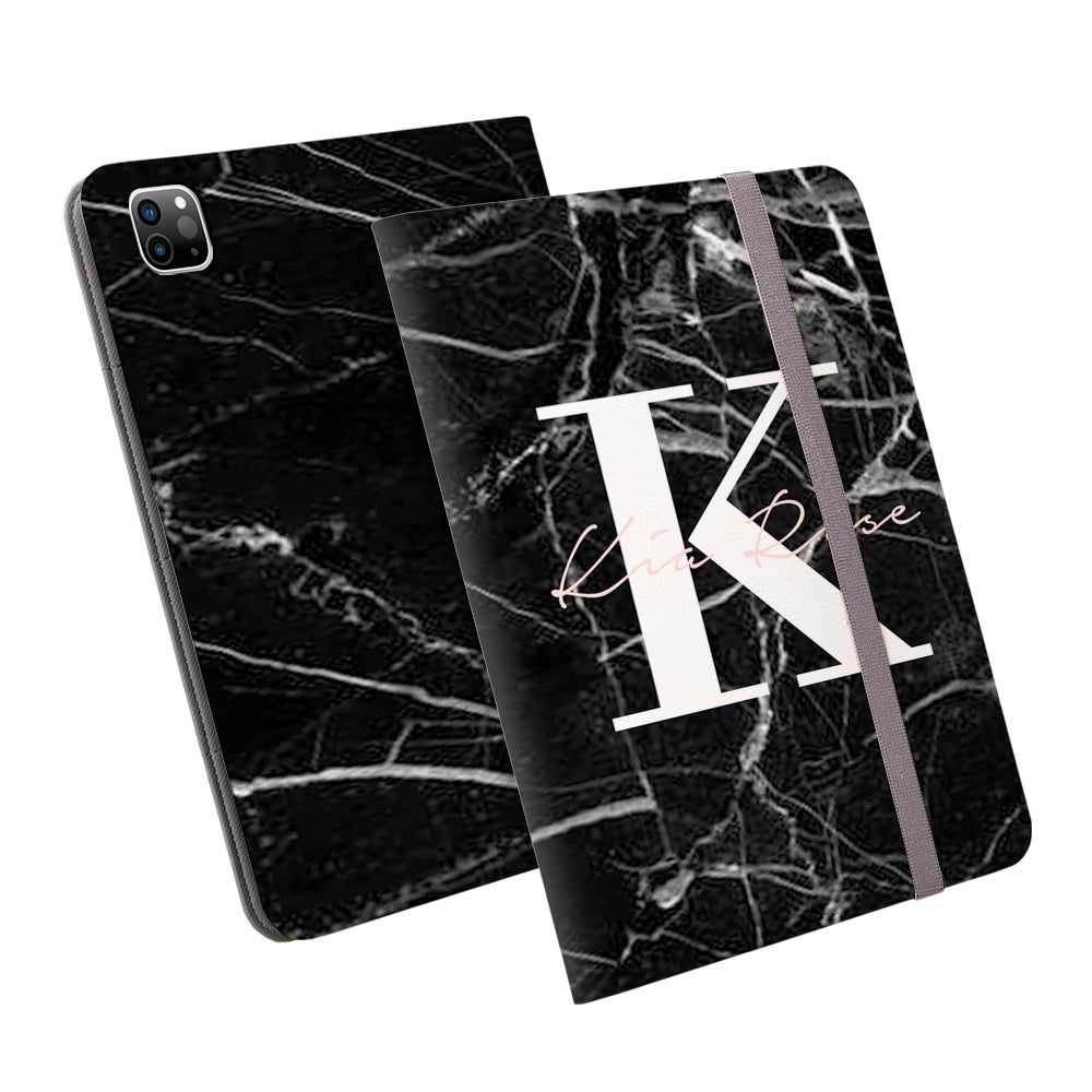 Personalised Black Marble Name Initials iPad Pro Case
