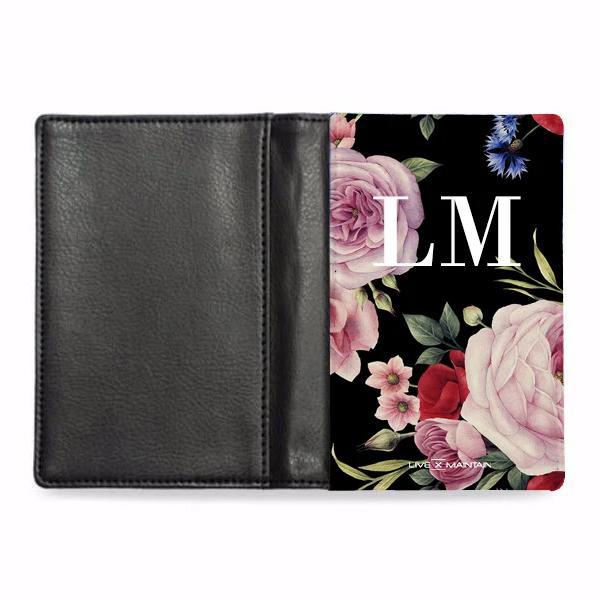 Personalised Black Floral Blossom Initials Passport Cover